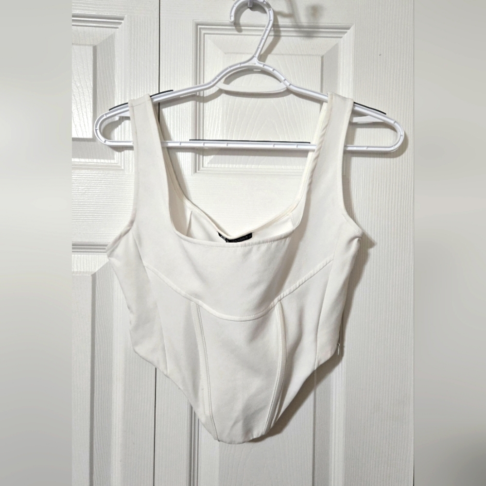 Zara White Asymmetrical Hem Corset Top, Crop Length, Size Small, New with Tags